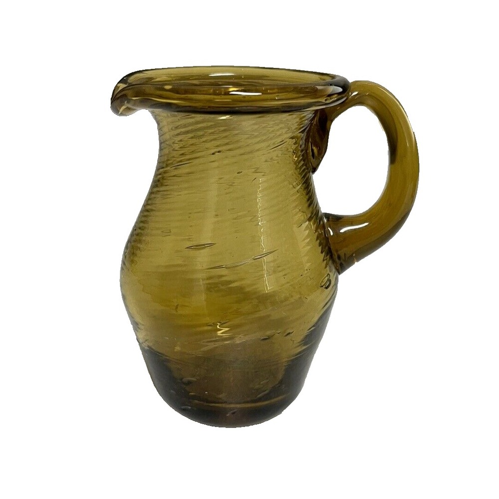 Vintage Amber Hand Blown Art Swirl Glass Miniature Mini‎ 3 ½"  Handled Pitcher